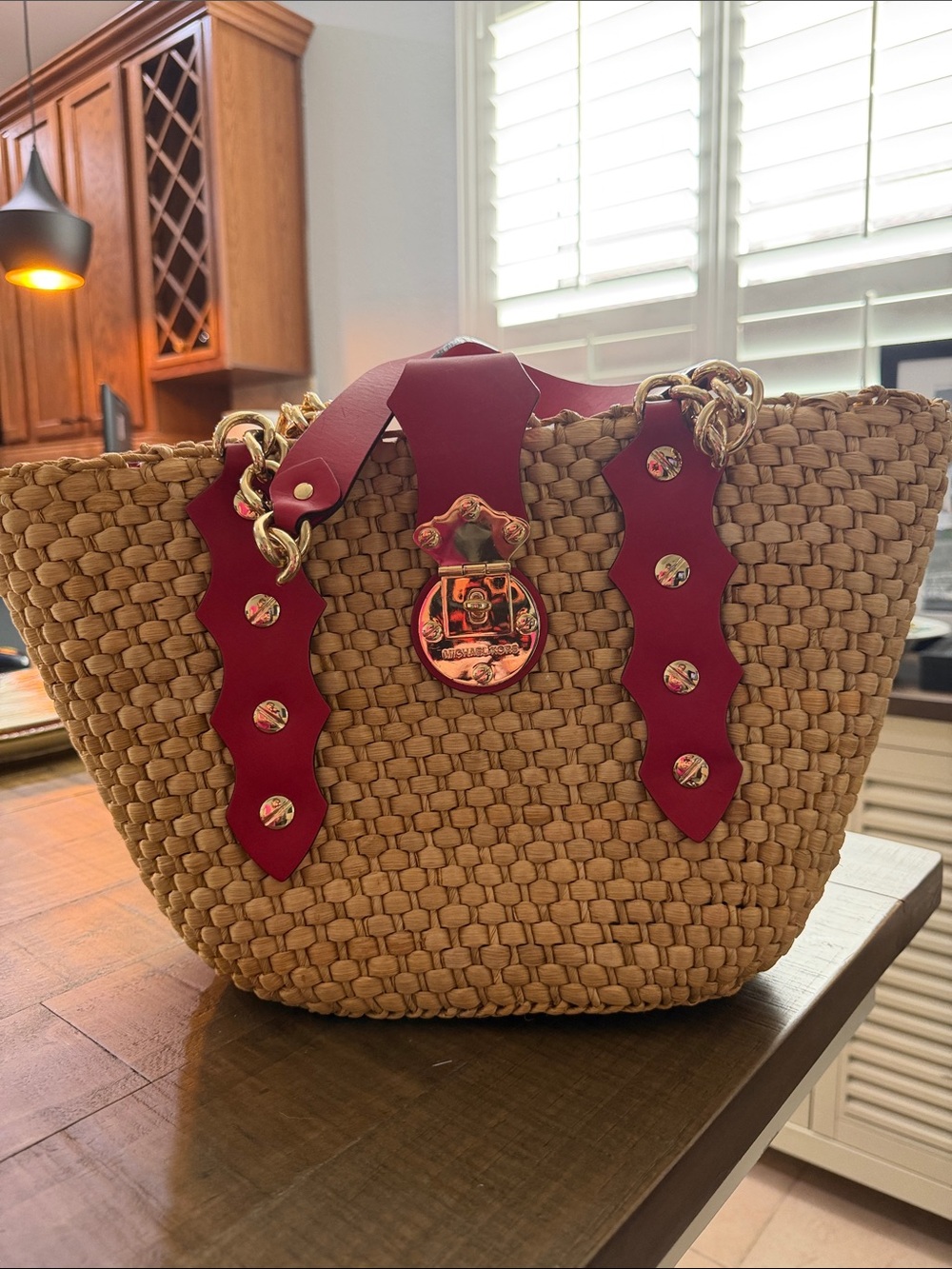 Michael Kors Santorini Straw Corn Husk Leather Trim/Turn Lock Tote Shoulder Bag